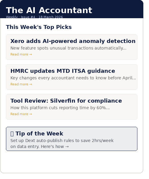 Preview of The AI Accountant weekly newsletter showing tool reviews, news, and tips